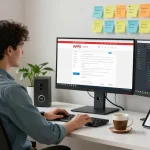 Software engineer reviewing WPS Official Website in modern office environment with multiple screens.