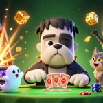 Hello88 captivates players with a thrilling 3D illustration showcasing a Frankenstein bulldog masterfully dealing cards amid a jackpot explosion.