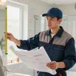 Professionele aannemer bespreekt badkamer renovatie kosten met klant, betrouwbare lokale service, kwaliteit en expertise.