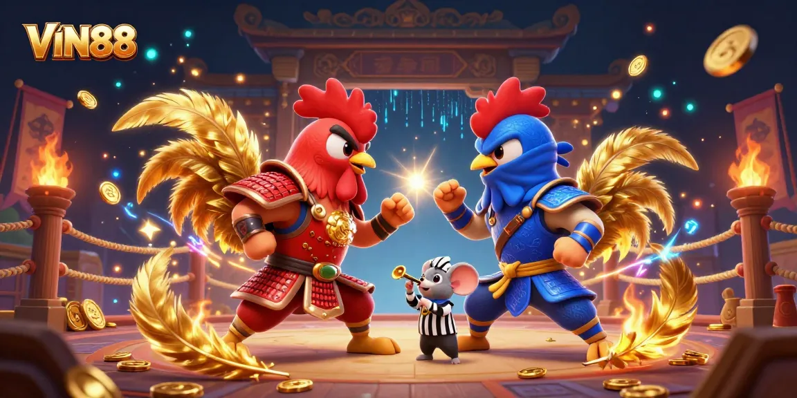 VIN88 features fighting roosters in dramatic standoff with gold elements enhancing excitement