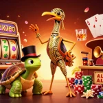 Engage with สล็อตเว็บตรง in an exciting 3D scene featuring characters, slot machine elements, and vibrant casino details.