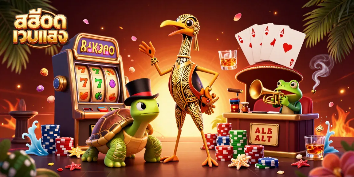 Engage with สล็อตเว็บตรง in an exciting 3D scene featuring characters, slot machine elements, and vibrant casino details.