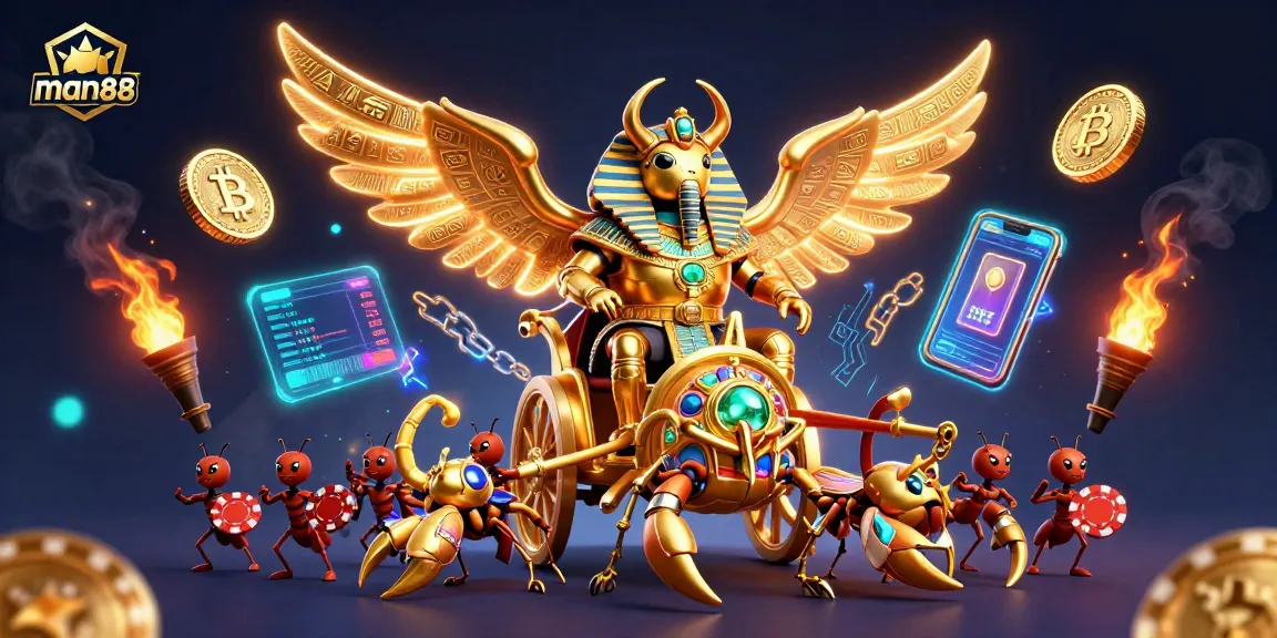 Engage with man88’s vibrant gaming scene featuring a golden scarab beetle amidst dynamic crypto elements.