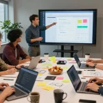 Build internal tools with AI, team collaborating on digital tool prototype in modern workspace.