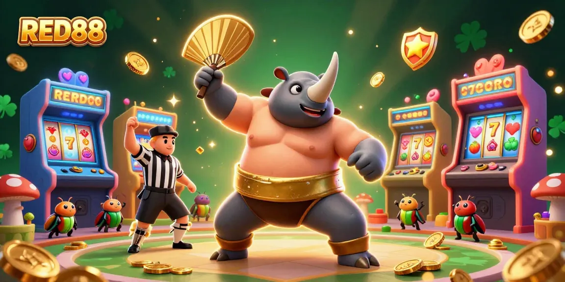 Experience the excitement of RED88 with a beetle sumo champion as golden coins fly during gameplay.