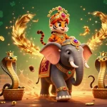 Engage with dh88's vibrant 3D casino adventure featuring a maharaja tiger, elephant, and cobra amidst fiery spectacle.