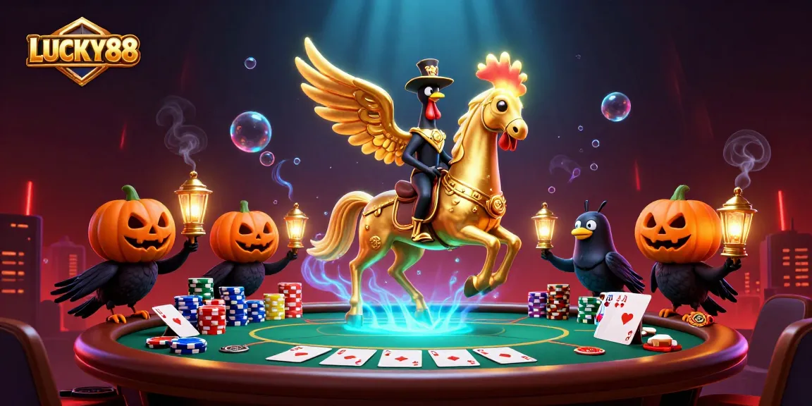 LUCKY88 showcases an exciting casino scene with a golden rooster and vibrant gambling elements.